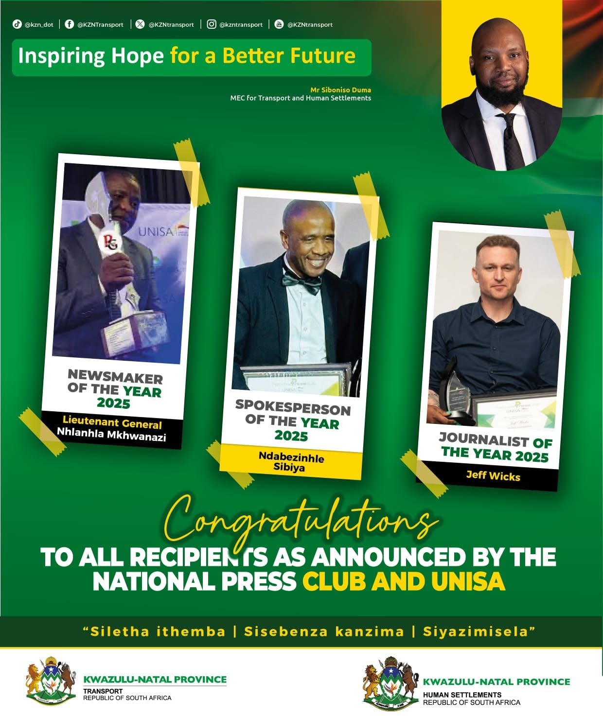 KZN DoT Congratulates NPC Recipients